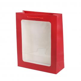 Dovanų maišeliai su skaidriu langeliu (Raudona, 12vntx1,30€) [26x10x32cm]